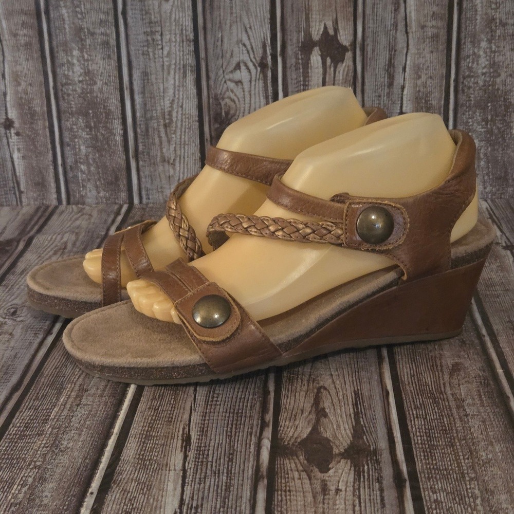 Sz 10.5-11 Aetrex Naya‎ Brown Leather Braided Comfort Wedge Sandals VGUC!